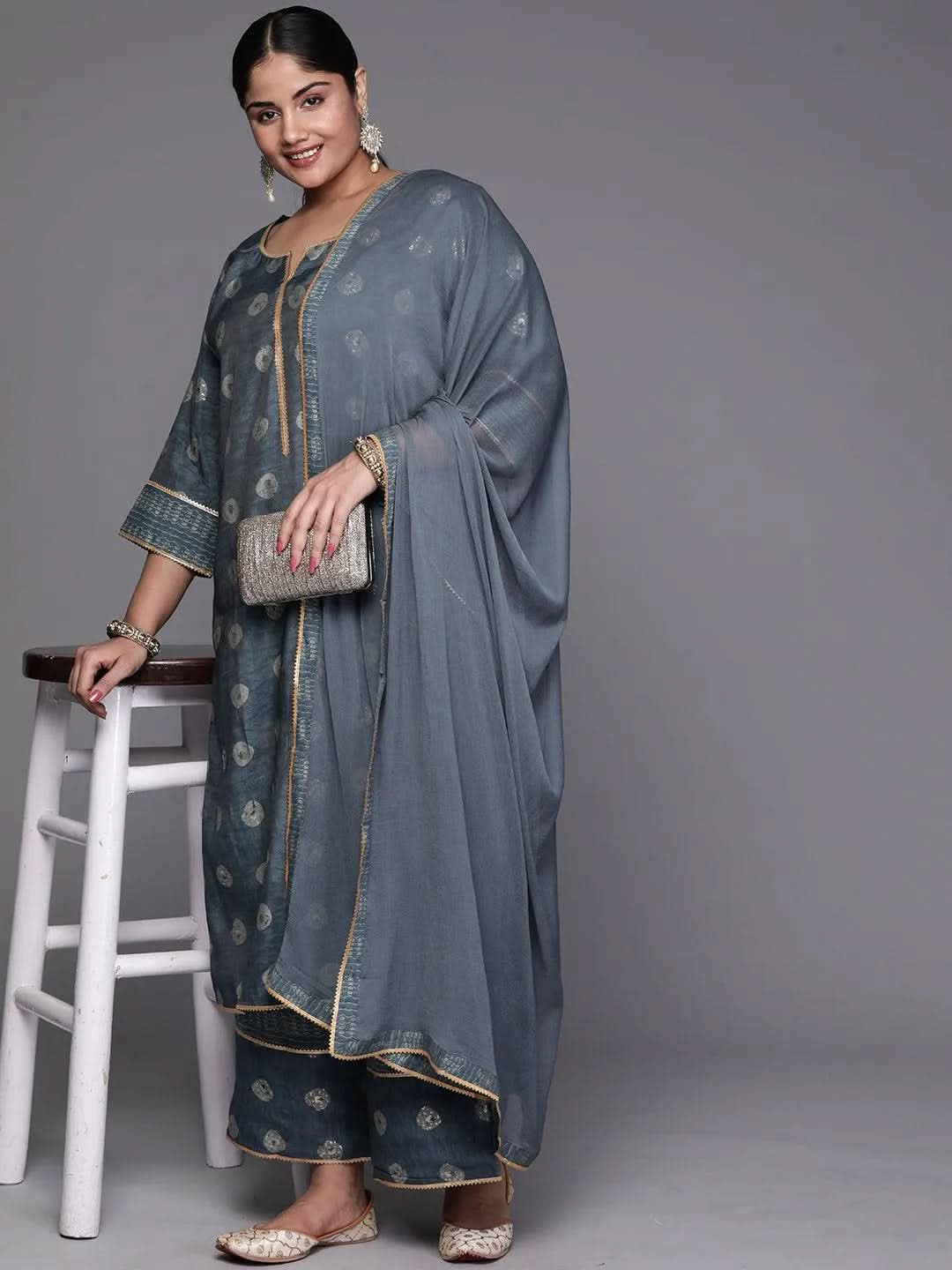 Grey Printed Silk Blend Straight Kurta With Palazzos & Dupatta - Libas 