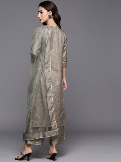 Grey Printed Silk Blend Suit Set - Libas