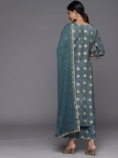 Grey Printed Silk Blend Straight Suit Set With Palazzos - Libas