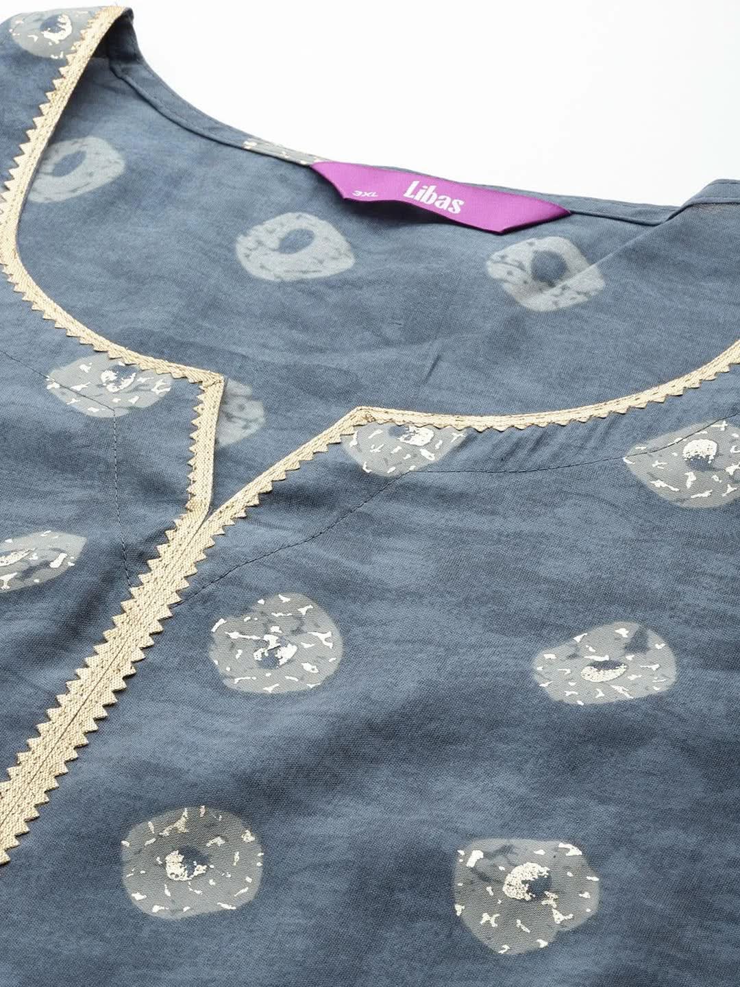 Grey Printed Silk Blend Straight Kurta With Palazzos & Dupatta - Libas 
