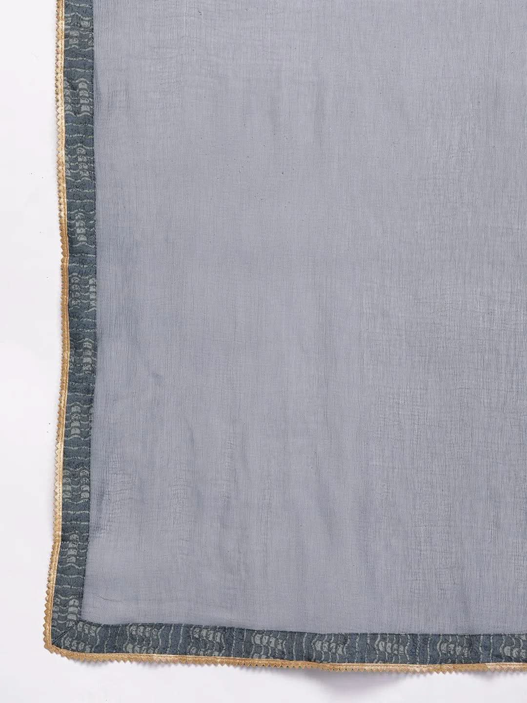 Grey Printed Silk Blend Straight Kurta With Palazzos & Dupatta - Libas 