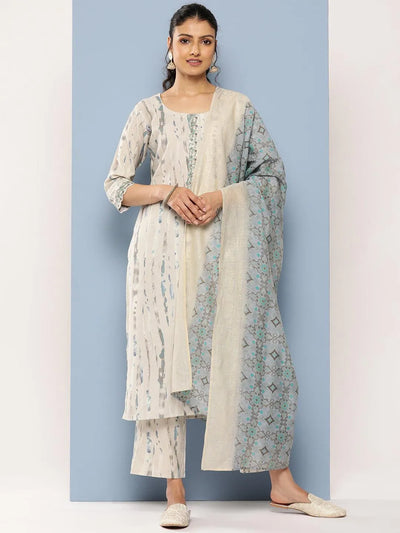 Grey Printed Silk Blend Straight Suit Set With Trousers - Libas