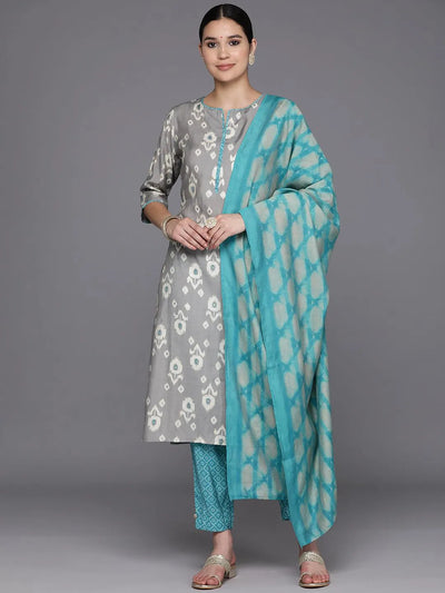 Grey Printed Silk Blend Straight Suit Set With Trousers - Libas