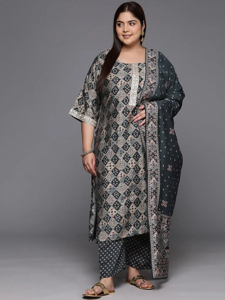 Grey Printed Silk Blend Straight Kurta With Trousers & Dupatta - Libas