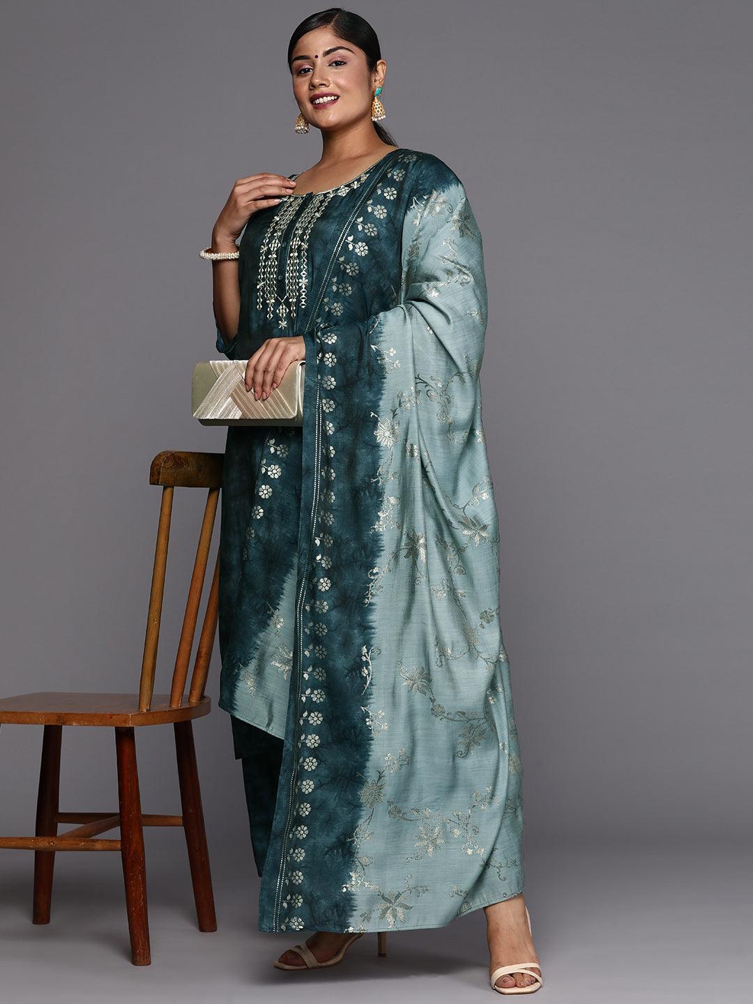 Plus Size Grey Printed Silk Blend Straight Suit With Dupatta