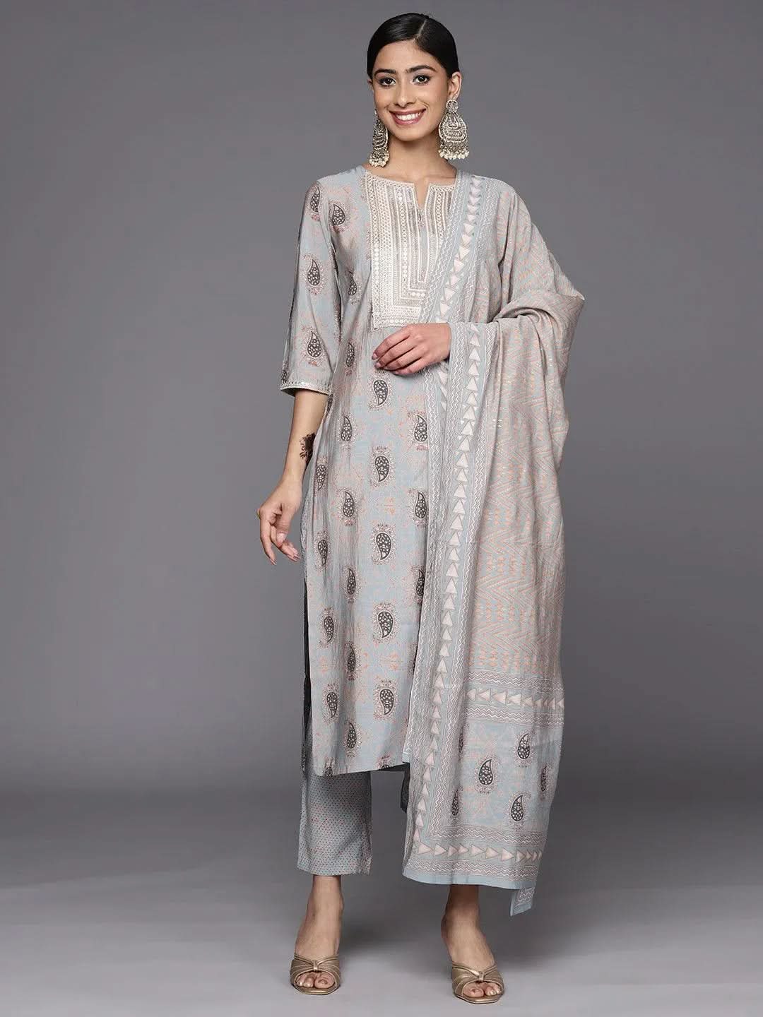 Grey Printed Silk Blend Straight Suit Set With Trousers - Libas 