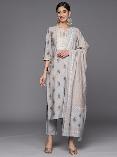 Grey Printed Silk Blend Straight Suit Set With Trousers - Libas