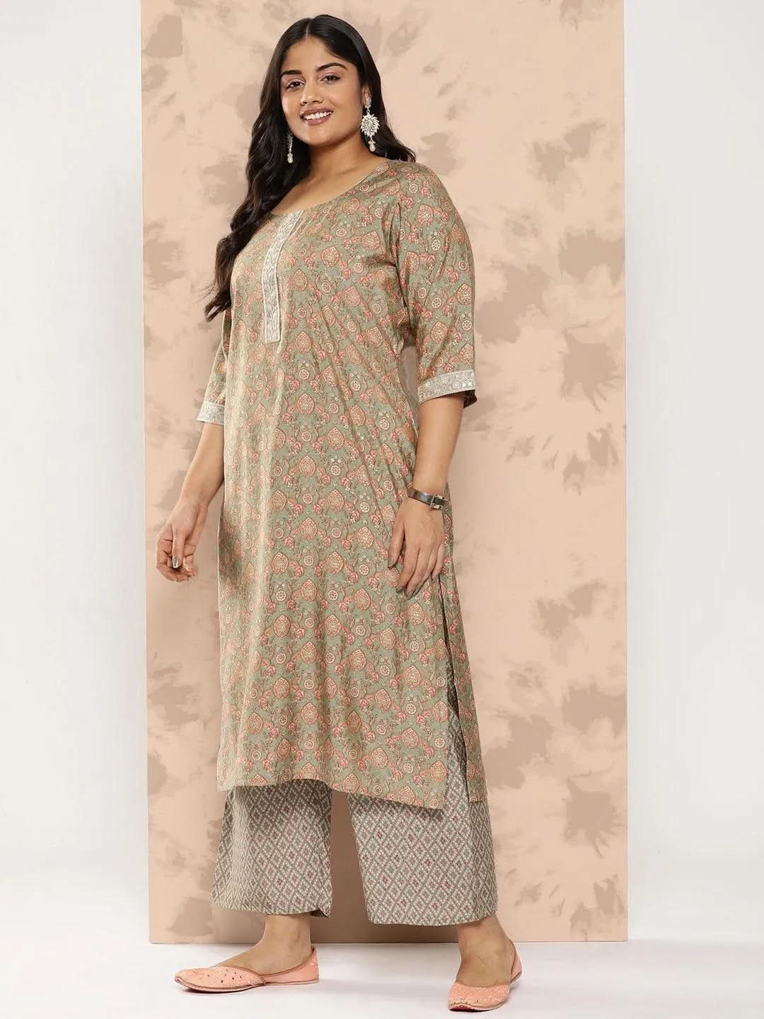 Grey Printed Silk Blend Straight Kurta With Trousers and Dupatta - Libas 