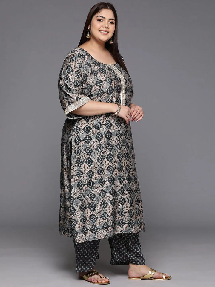 Grey Printed Silk Blend Straight Kurta With Trousers & Dupatta - Libas