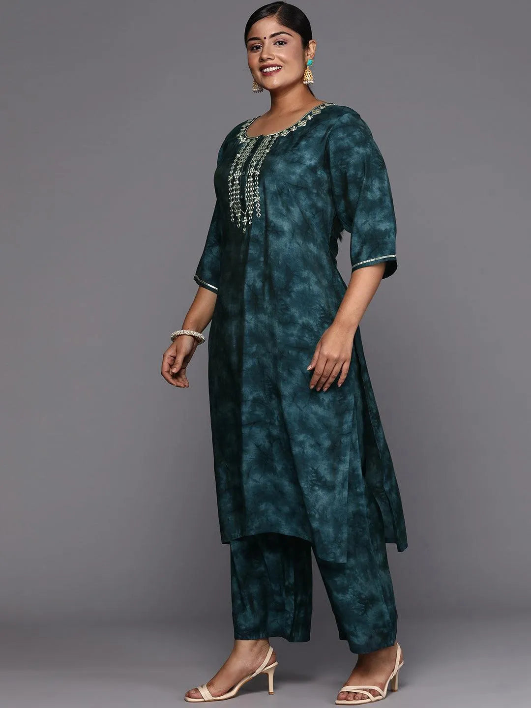 Grey Printed Silk Blend Straight Kurta With Trousers & Dupatta - Libas 
