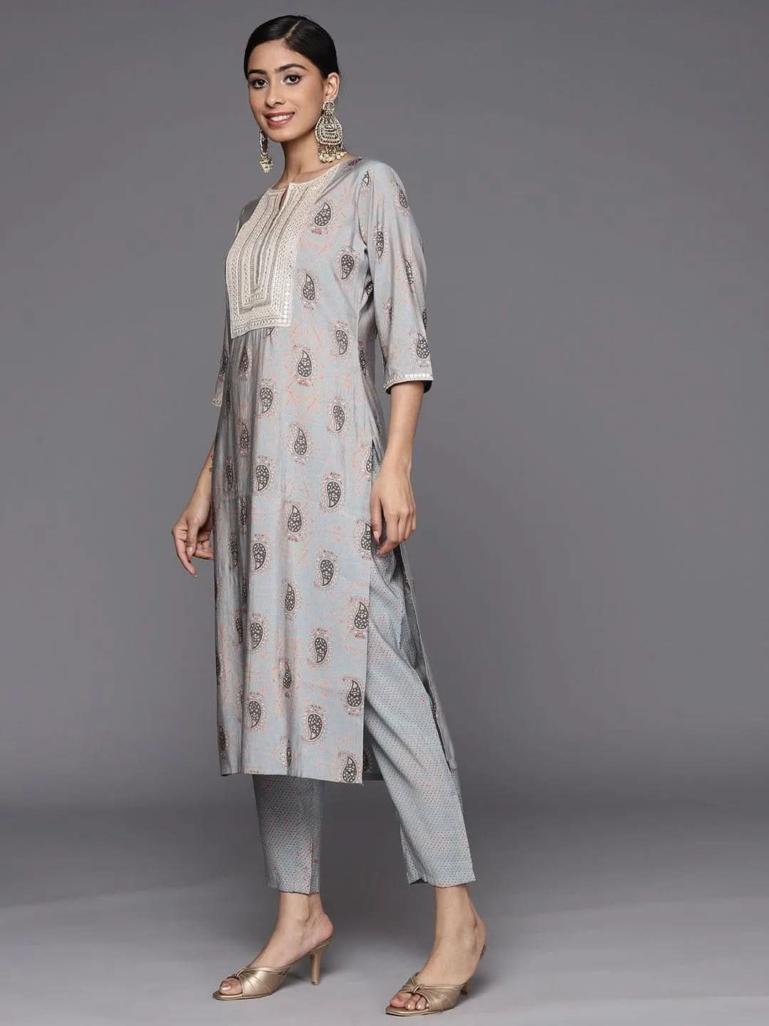 Grey Printed Silk Blend Straight Suit Set With Trousers - Libas 