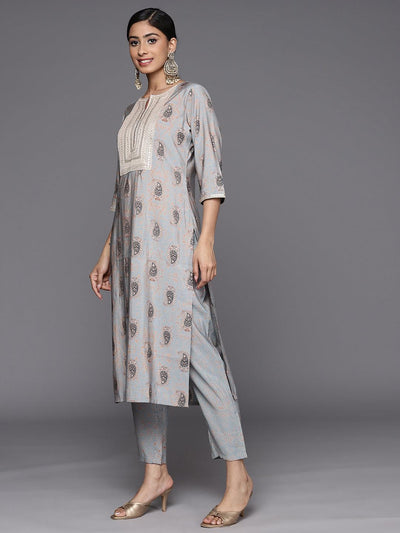 Grey Printed Silk Blend Straight Suit Set With Trousers - Libas