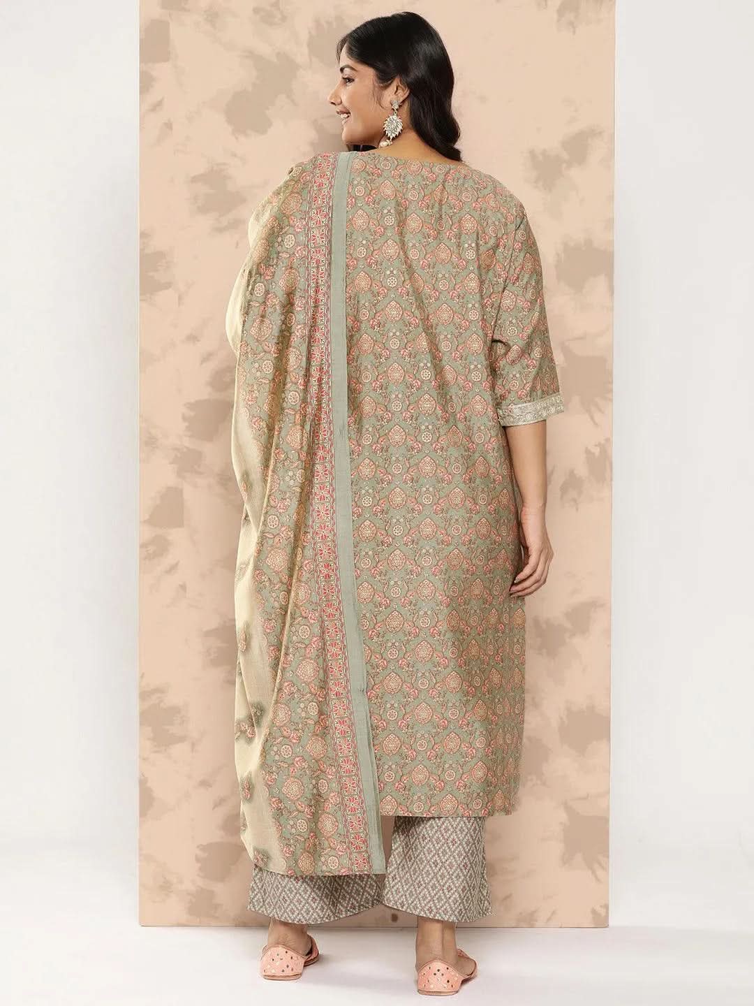 Grey Printed Silk Blend Straight Kurta With Trousers and Dupatta - Libas 