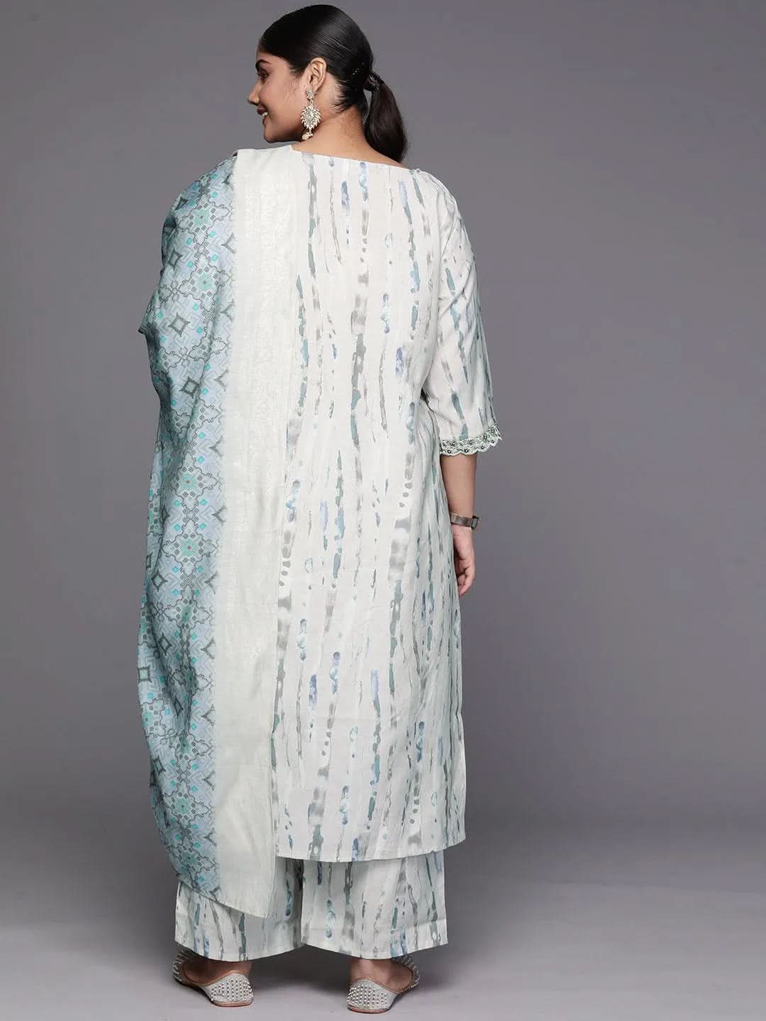 Grey Printed Silk Blend Straight Kurta With Trousers and Dupatta - Libas 