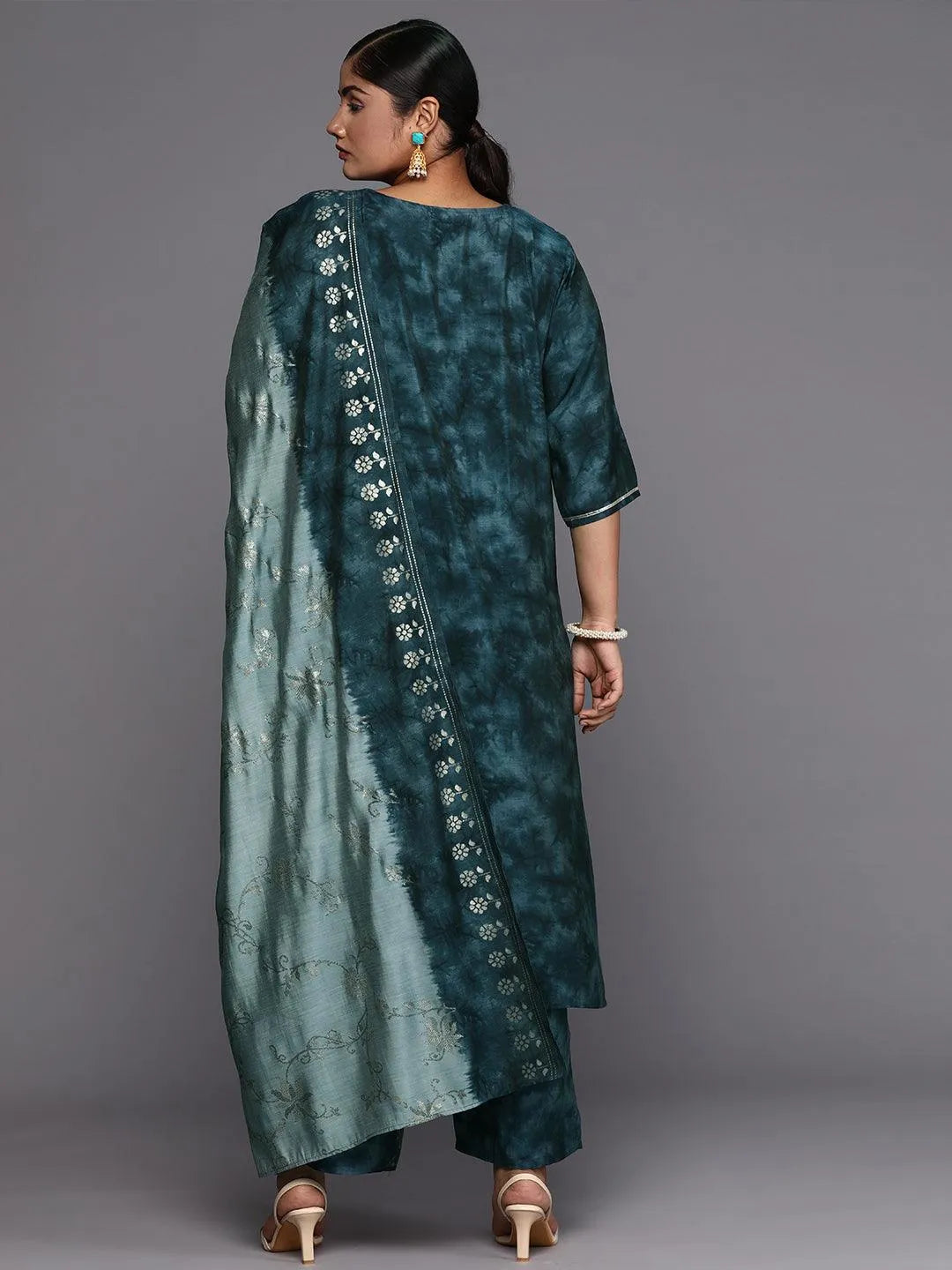 Grey Printed Silk Blend Straight Kurta With Trousers & Dupatta - Libas 