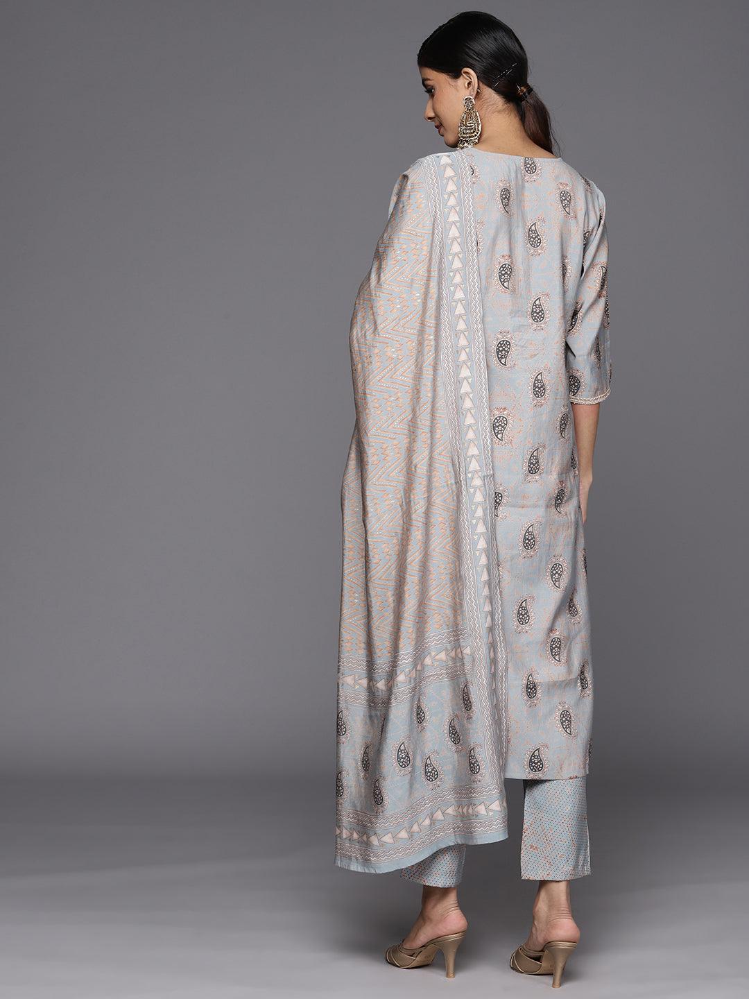Grey Printed Silk Blend Straight Kurta With Trousers & Dupatta