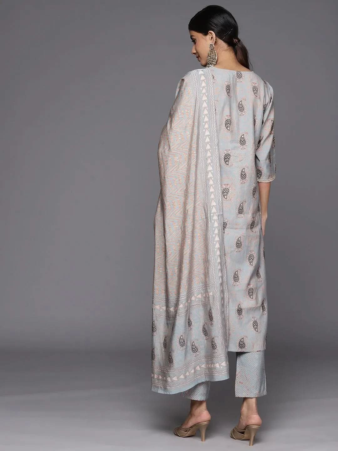 Grey Printed Silk Blend Straight Suit Set With Trousers - Libas 