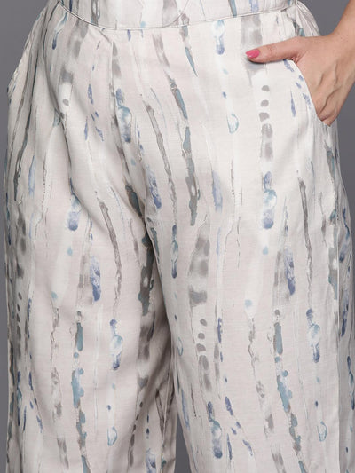 Grey Printed Silk Blend Straight Kurta With Trousers and Dupatta - Libas