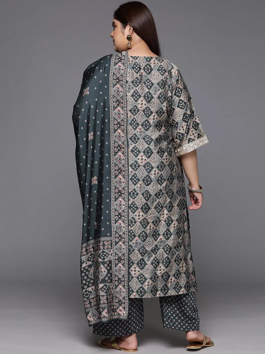 Grey Printed Silk Blend Straight Kurta With Trousers & Dupatta - Libas 