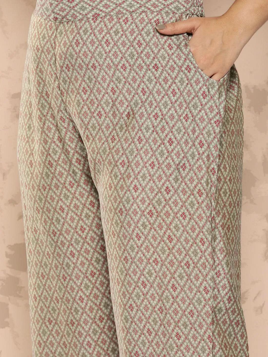 Grey Printed Silk Blend Straight Kurta With Trousers and Dupatta - Libas 