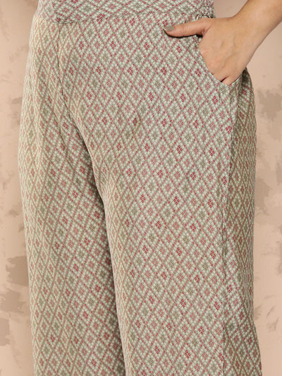 Grey Printed Silk Blend Straight Kurta With Trousers and Dupatta - Libas