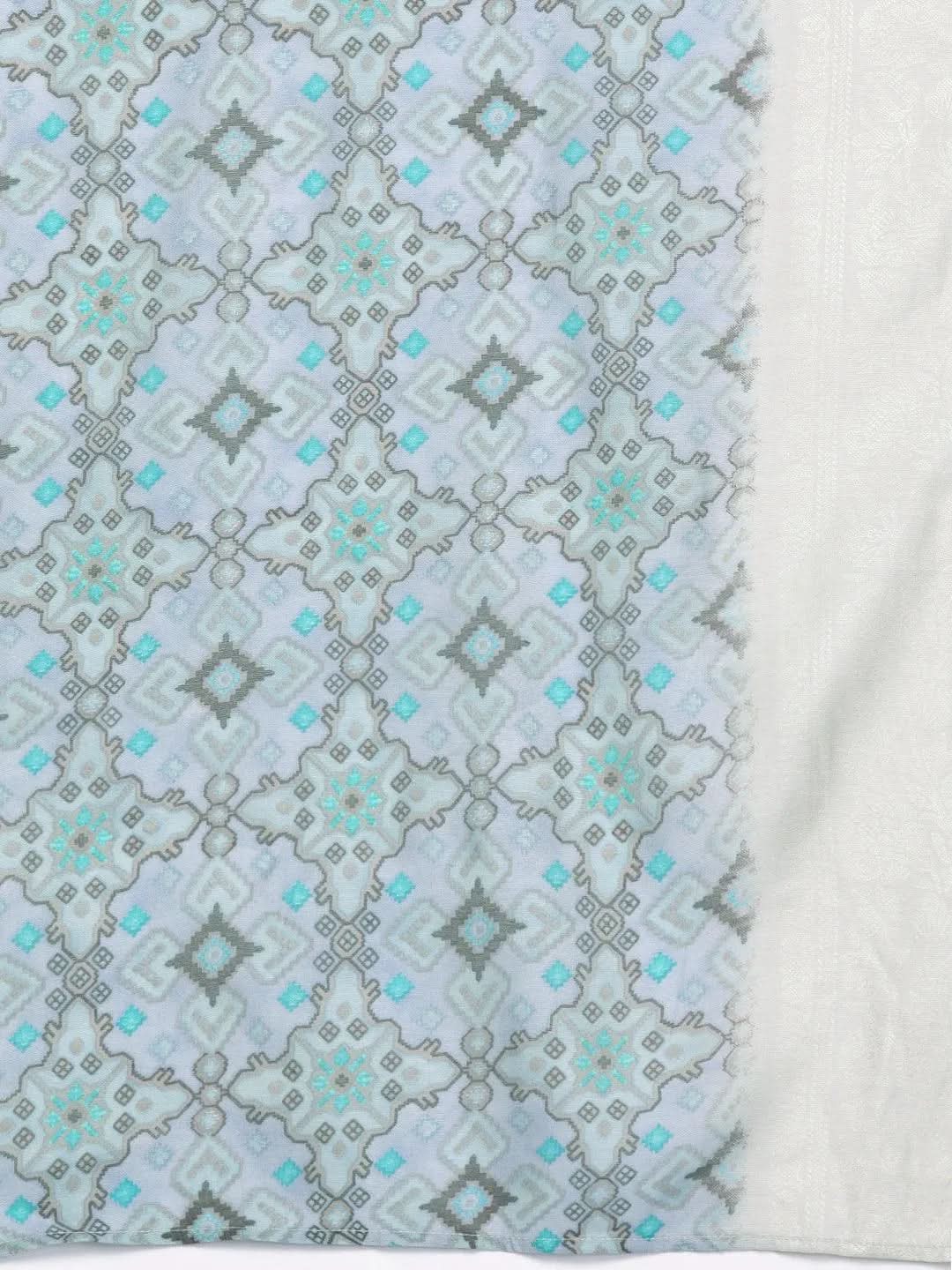 Grey Printed Silk Blend Straight Kurta With Trousers and Dupatta - Libas 