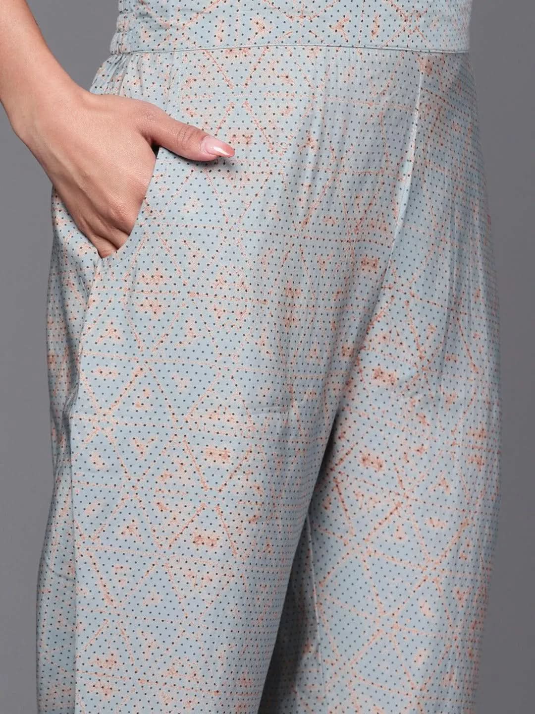 Grey Printed Silk Blend Straight Suit Set With Trousers - Libas 