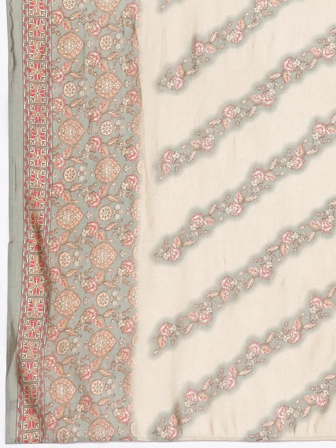 

Grey Printed Silk Blend Straight Kurta With Trousers & Dupatta
