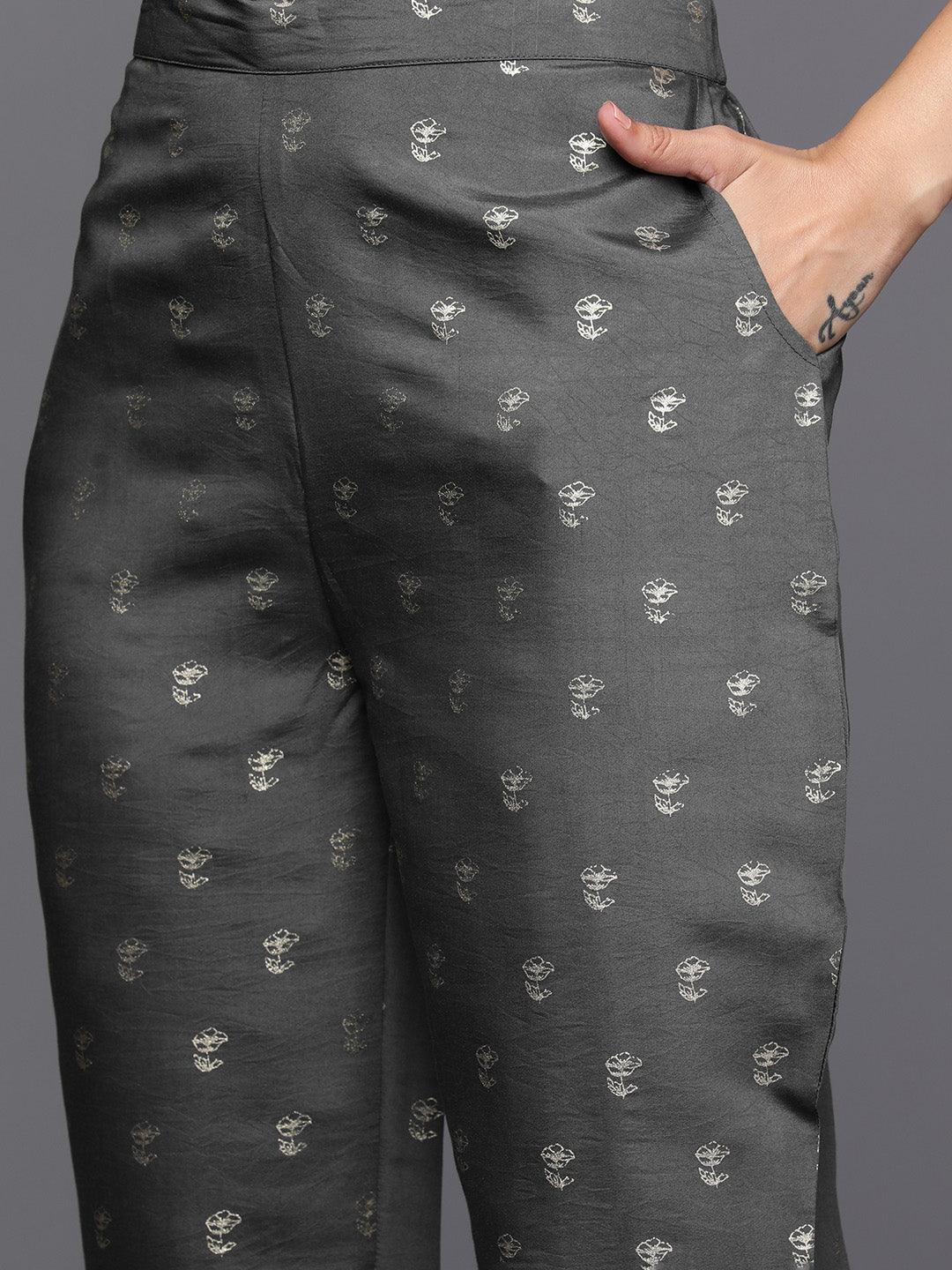Grey Printed Silk Blend Straight Kurta With Trousers & Dupatta - Libas
