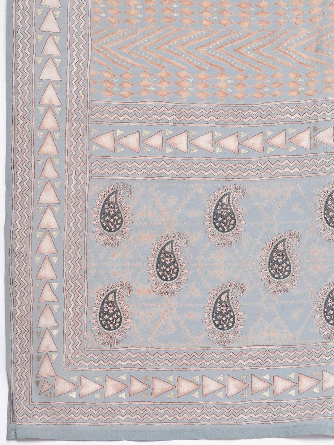 Grey Printed Silk Blend Straight Suit Set With Trousers - Libas 