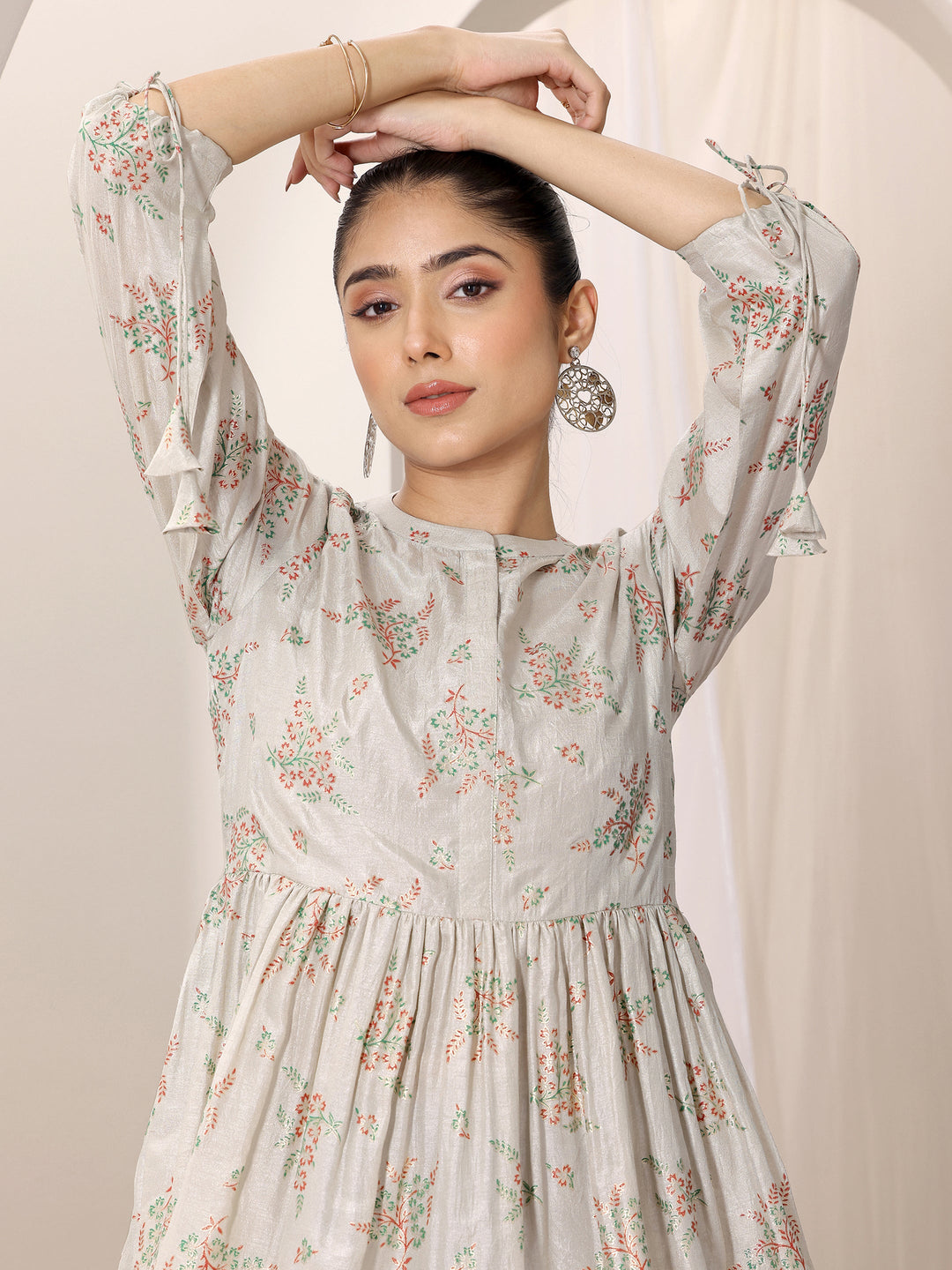  Grey Printed Silk Blend Straight Short Kurti 