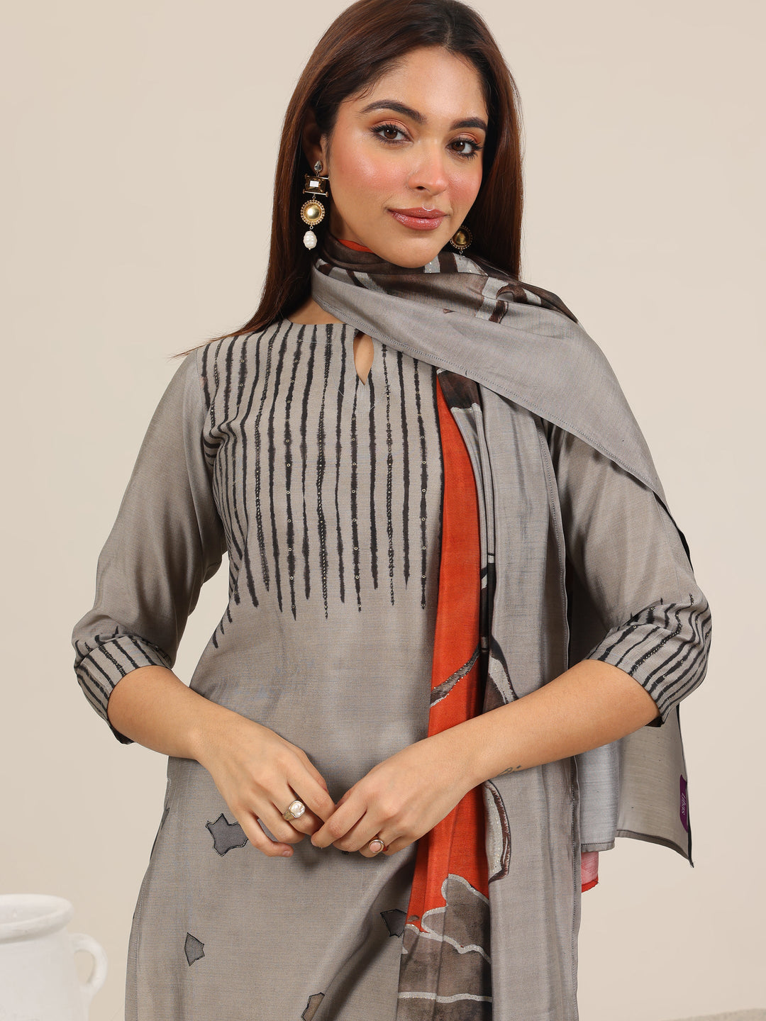  Grey Printed Silk Blend Straight Suit Set WIth Dupatta 