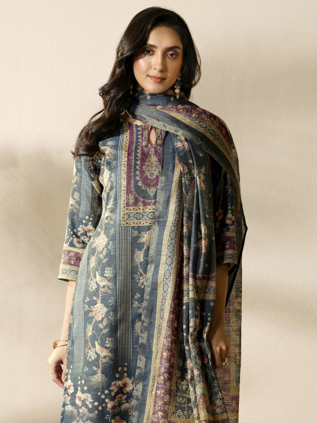 Grey Printed Silk Blend Straight Suit Set With Dupatta