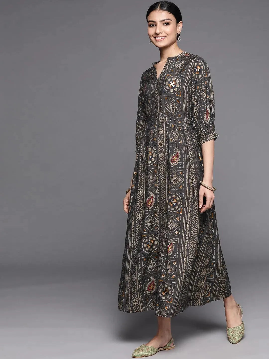 Grey Printed Silk Dress - Libas