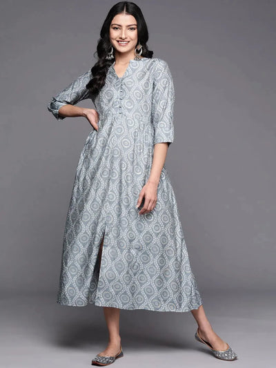 Grey Printed Silk Fit and Flare Dress - Libas