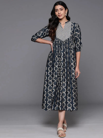 Grey Printed Silk Fit and Flare Dress - Libas