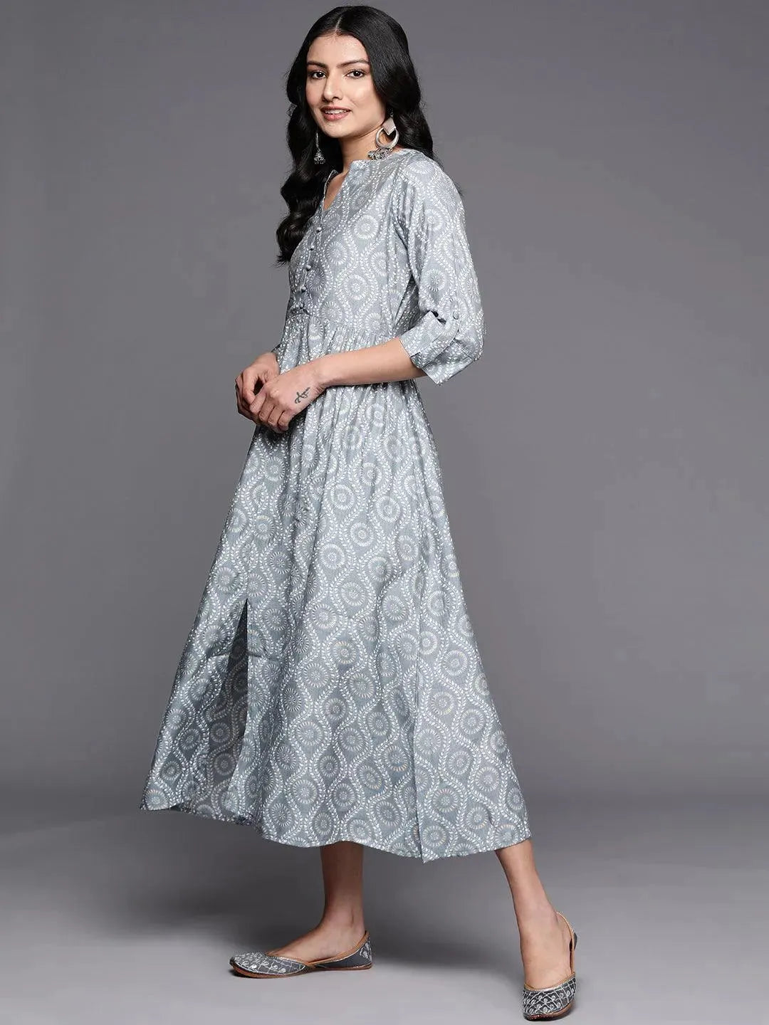 Buy Grey Printed Silk Fit and Flare Dress Online at Rs.505 Libas