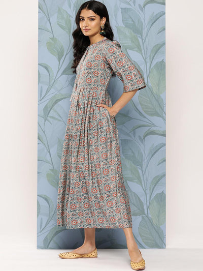 Grey Printed Silk Fit and Flare Dress - Libas