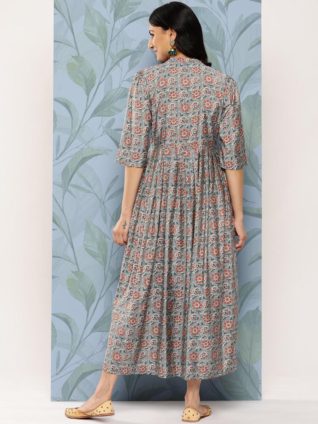 Grey Printed Silk Fit and Flare Dress - Libas
