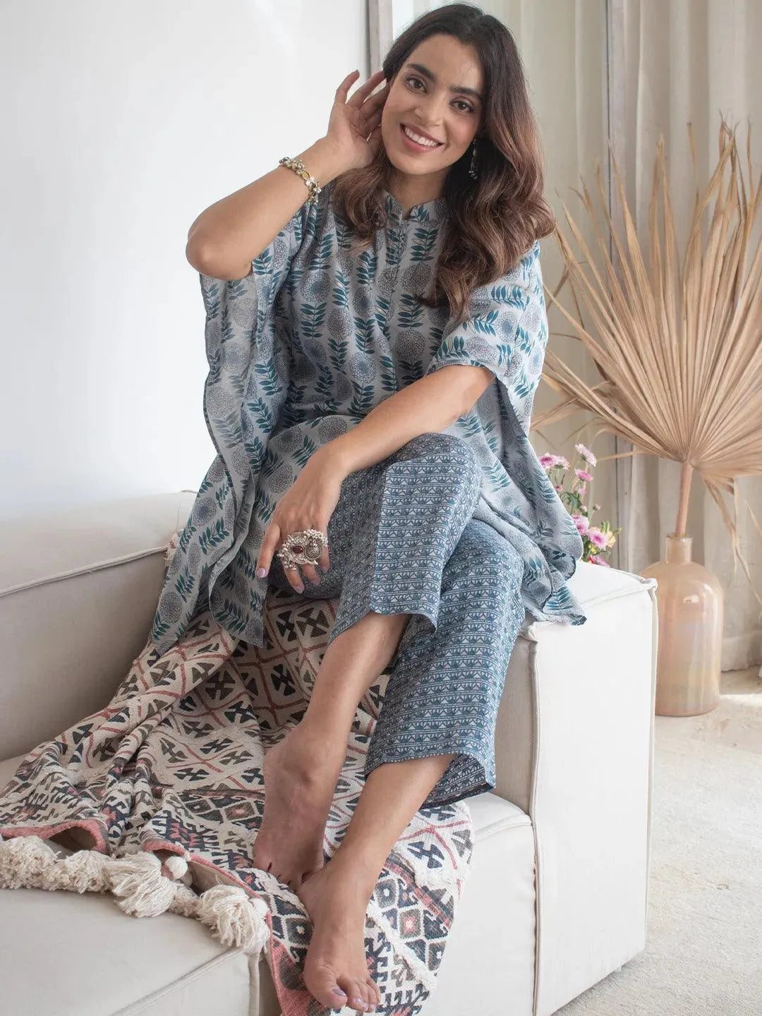 Grey Printed Silk Kurta Set - Libas