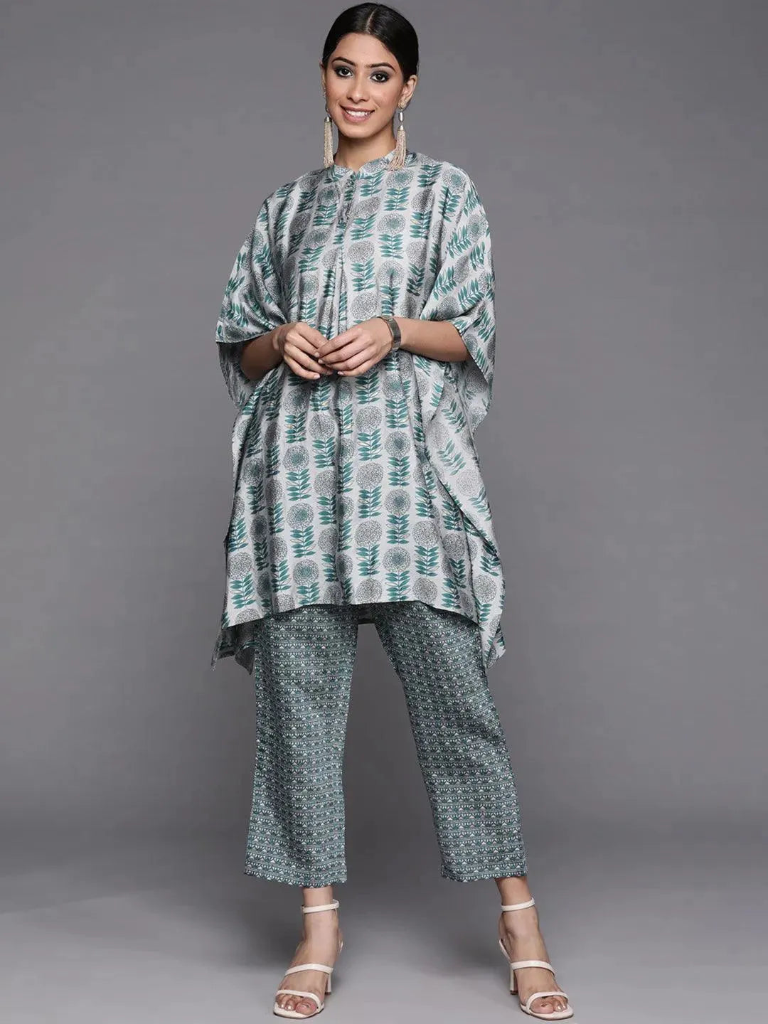 Grey Printed Silk Kurta Set - Libas