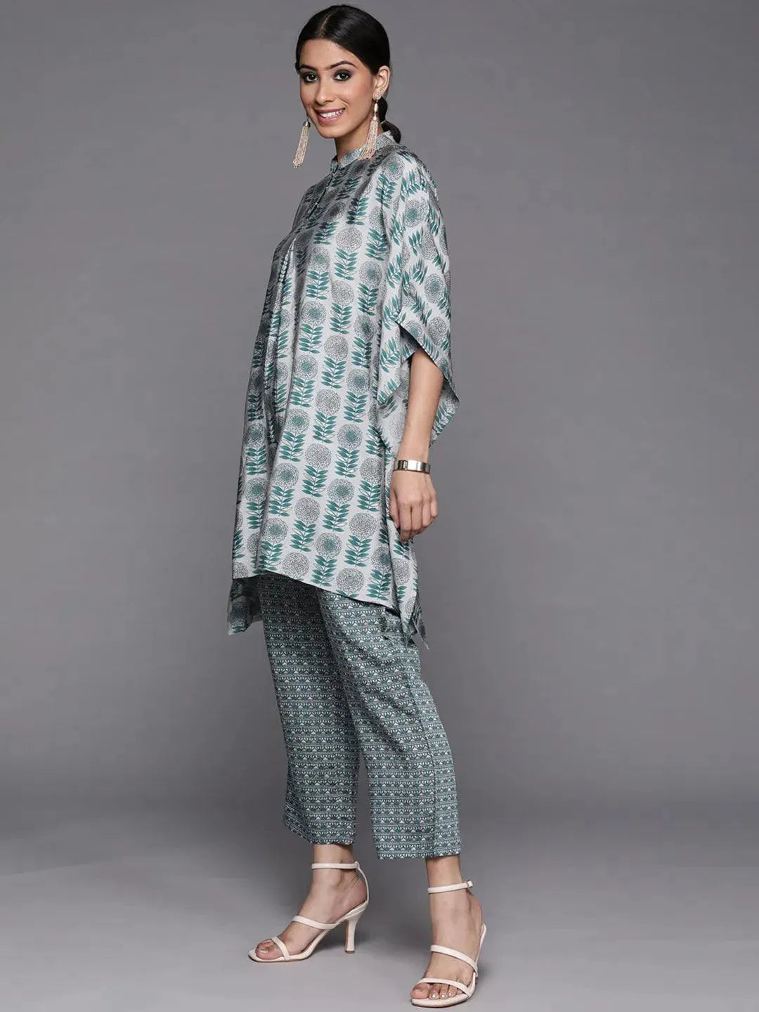 Grey Printed Silk Kurta Set - Libas