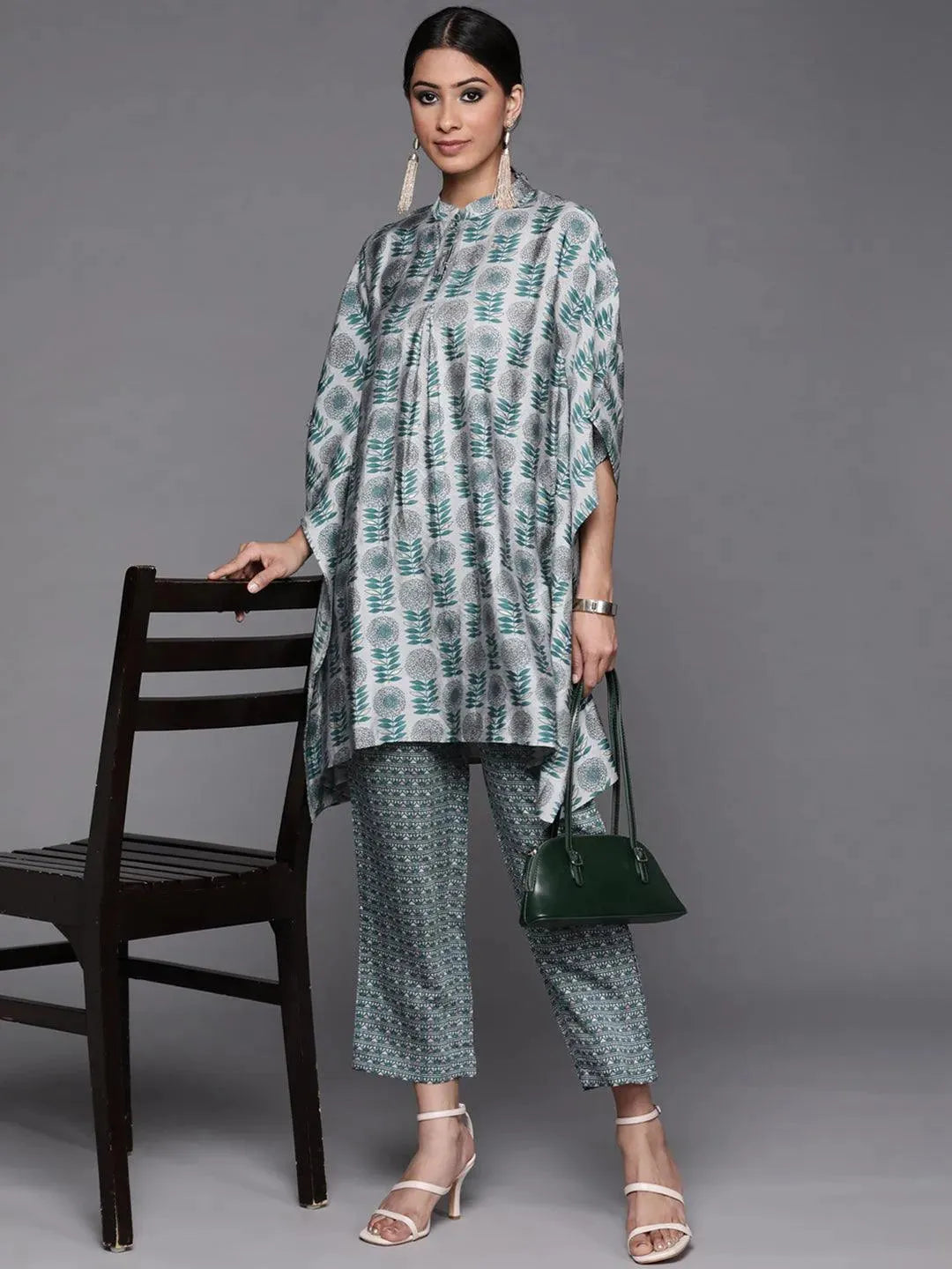 Grey Printed Silk Kurta Set - Libas 