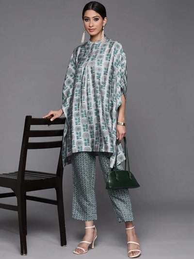 Grey Printed Silk Kurta Set - Libas