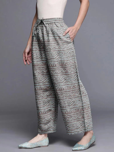 Grey Printed Silk Palazzos - Libas