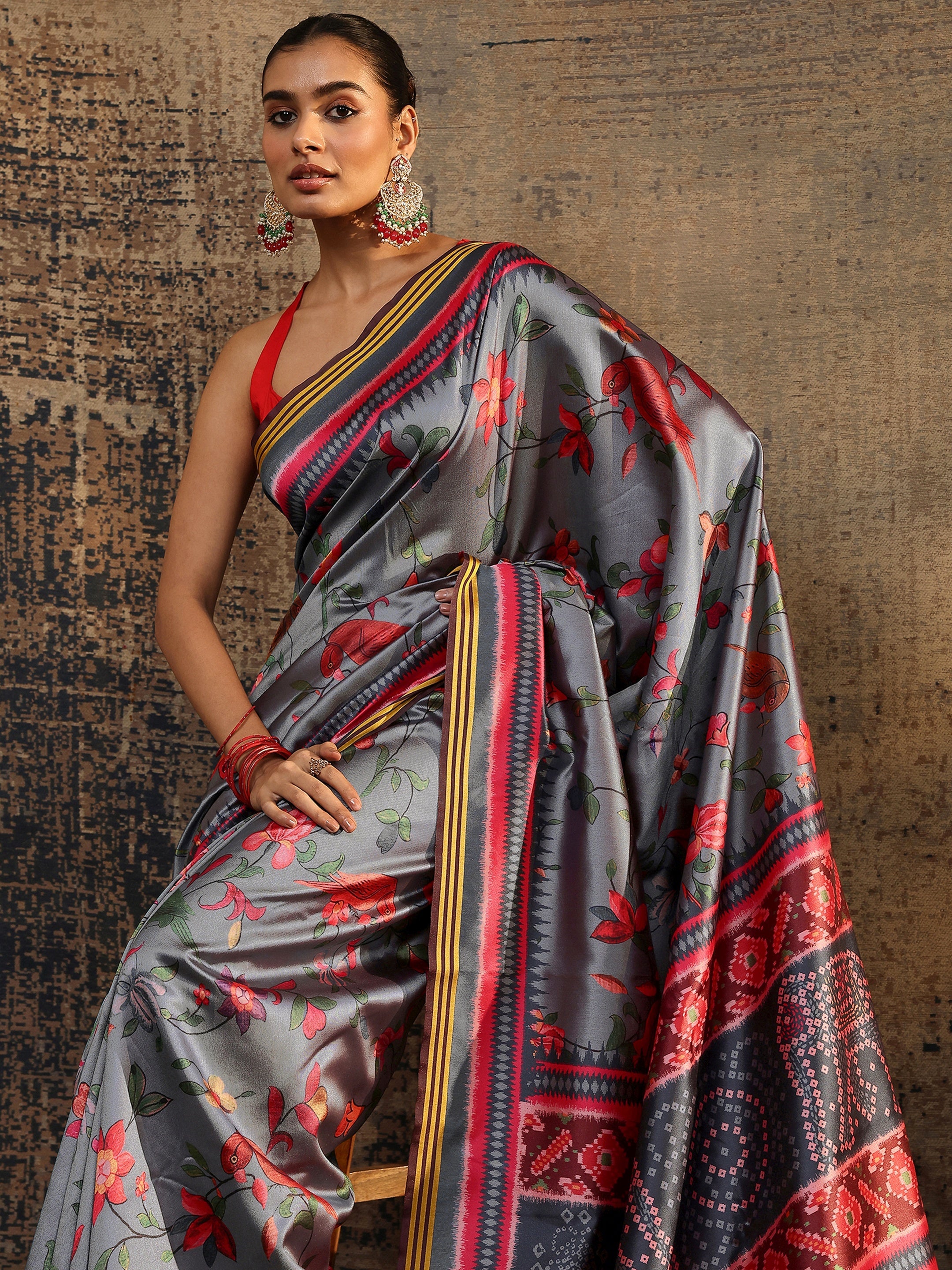 libas Grey Printed Silk Saree With Unstitched Blouse Piece-picture-43