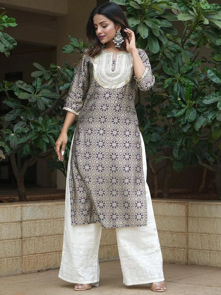 Grey Printed Silk Straight Kurta - Libas