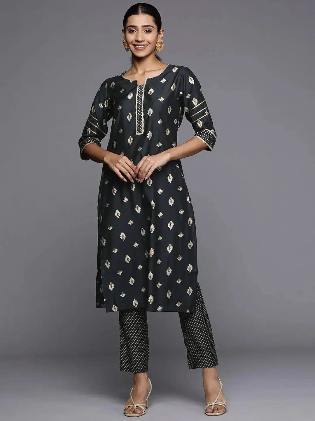 Grey Printed Silk Straight Kurta-image-43
