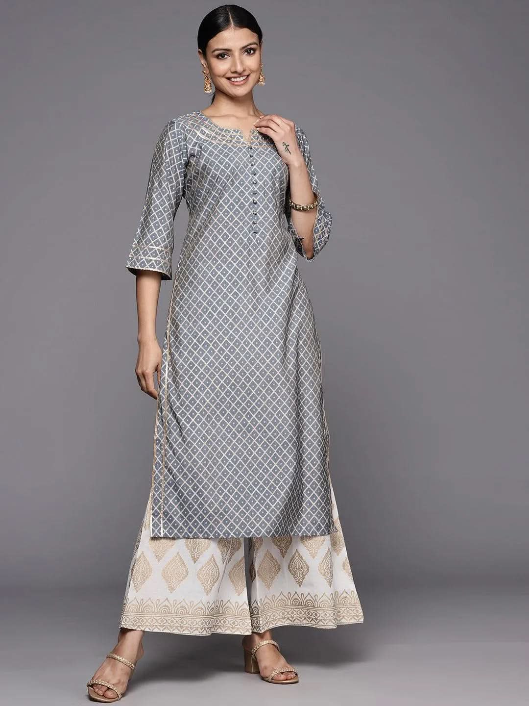Grey Printed Silk Straight Kurta-image-42