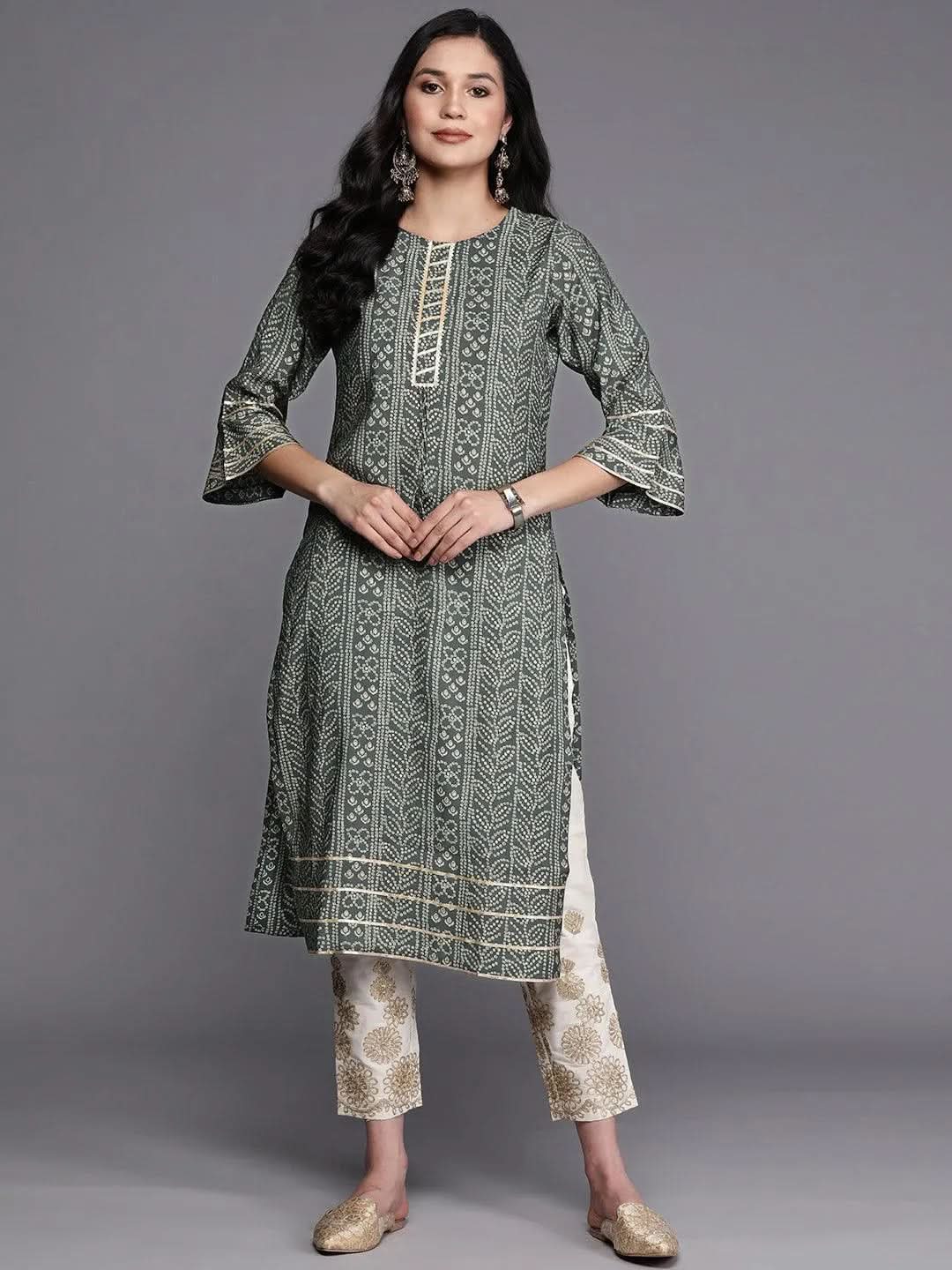Grey Printed Silk Straight Kurta-image-4